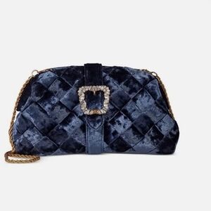 Elegant Blue Velvet Clutch with Gold Chain
